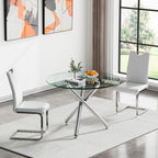 Round Glass Dining Table Set for 4, Modern 5-Piece Round Dining Table & Chair for 4, 36" Glass Kitchen Table with 4 Leather Dining Chairs for Small Living Room Kitchen, Shiny Silver Legs