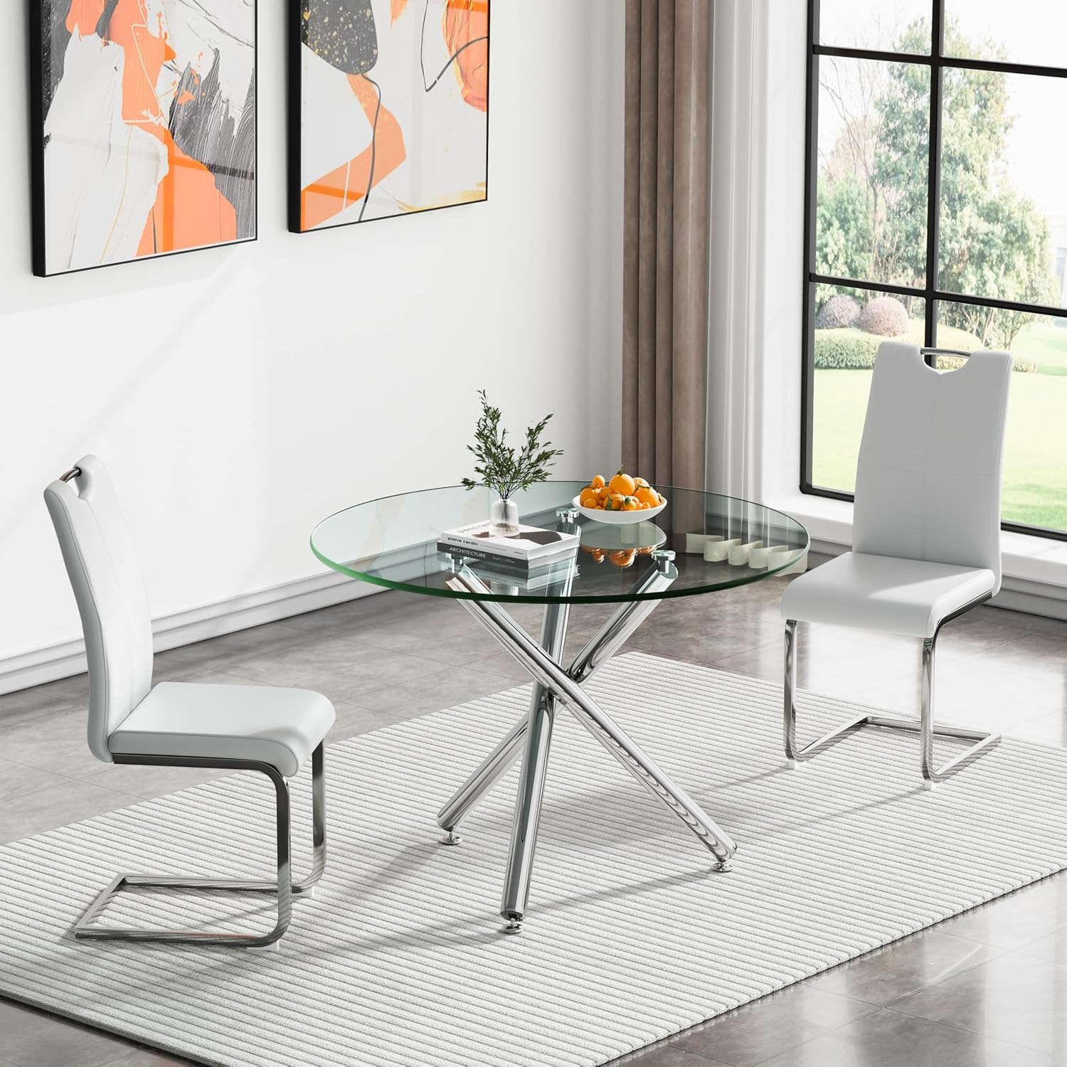 Round Glass Dining Table Set for 4, Modern 5-Piece Round Dining Table & Chair for 4, 36" Glass Kitchen Table with 4 Leather Dining Chairs for Small Living Room Kitchen, Shiny Silver Legs
