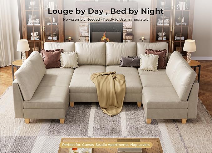 SITJOY 118" Faux Leather Modular Sectional Sofa with Storage, Mid Century Modern Sectional Couches for Living Room, Soft Padded Armrests, Oversized 10 Seat U Shaped Sofa Bed with Chaise, Greige