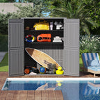 EHHLY Vertical Resin Storage Shed with 2 Shelves, 60 Cuft Garden Tool Sheds & Outdoor Storage, Plastic Outdoor Storage Cabinet Waterproof, 4.5 x 2.3 ft Backyard Outside Lawn Mower Storage Shed, Grey