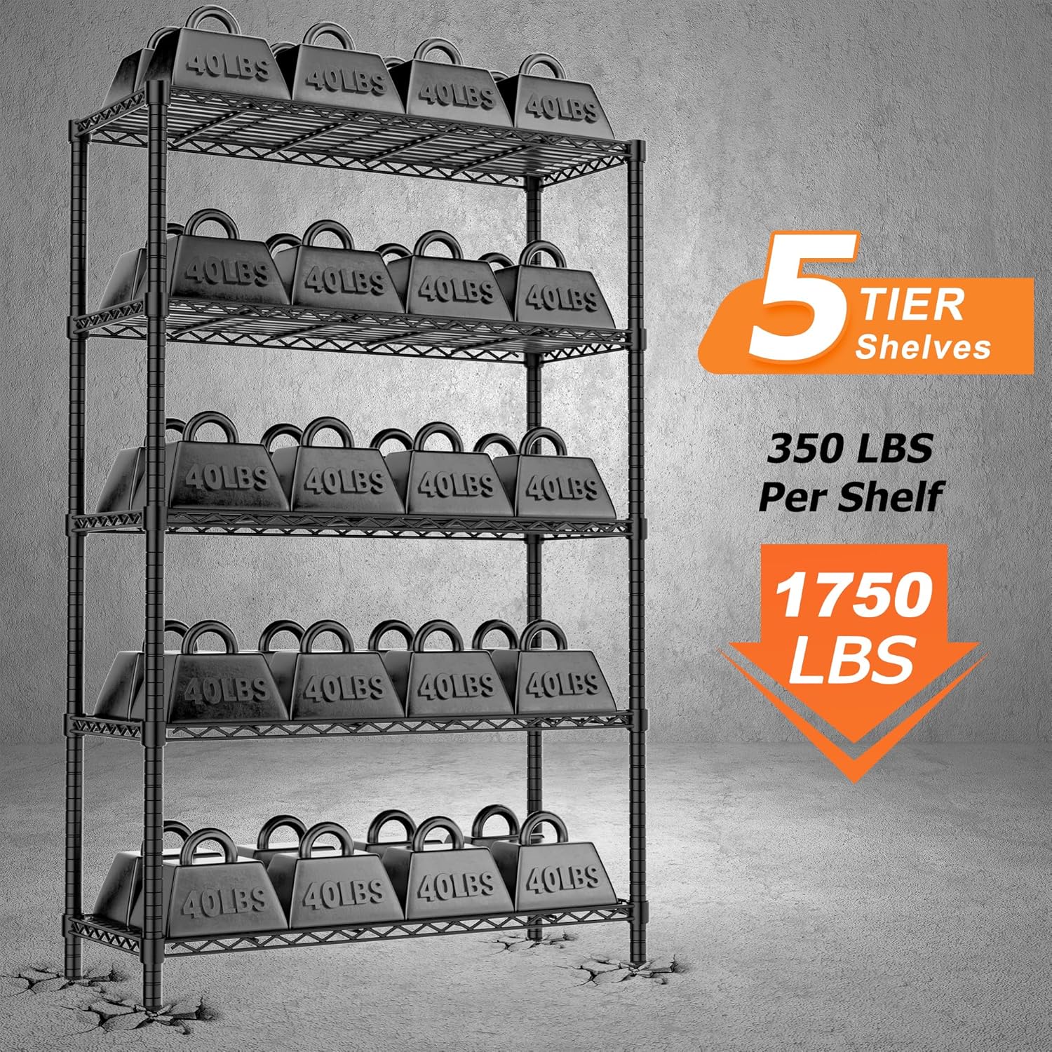 Storage Shelves Heavy Duty, 36" L x 14" W x 72" H Garage Wire Shelving Unit Loads 1750LBS, 5-Tier Adjustable Metal Industrial Utility Shelf Rack for Kitchen, Laundry Room, Pantry, Warehouse, Basement
