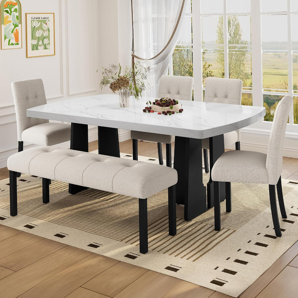 Dining Bench, Rubber Wood Dining Room Bench with Linen Upholstered Seat, for ...