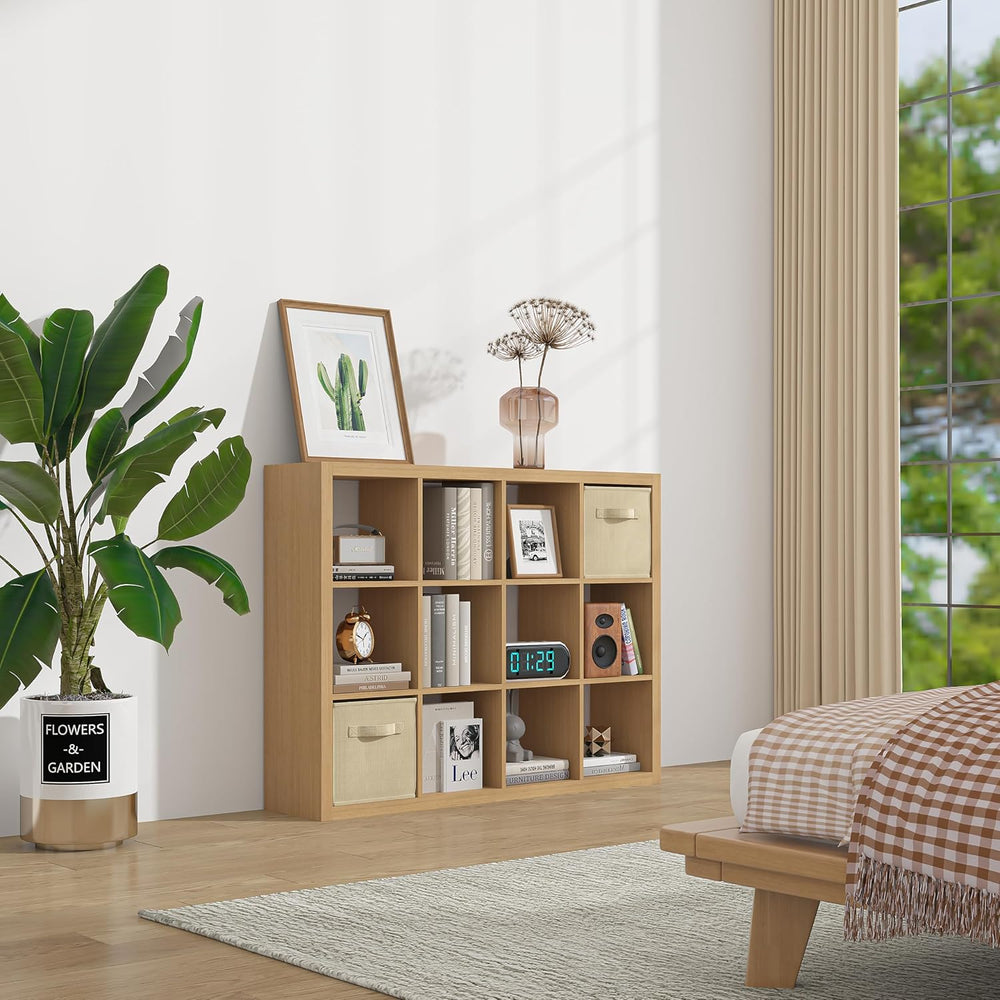 furtble Bookshelf with Storage Bins, 12-Cube Storage Organizer, Modern Wood O...