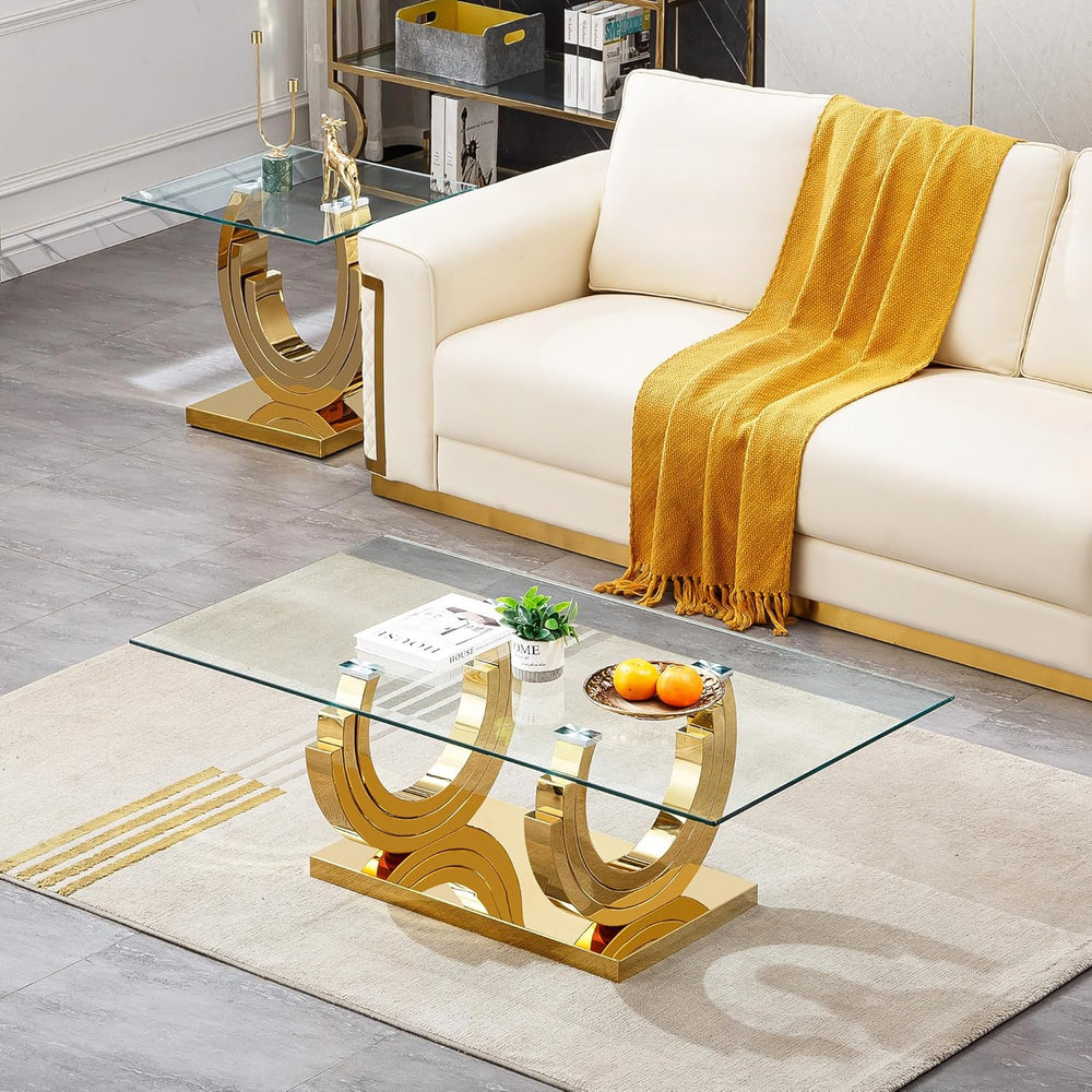 HomVent Glass Coffee Table with Gold Stainless Steel Base | 47"Rectangul...