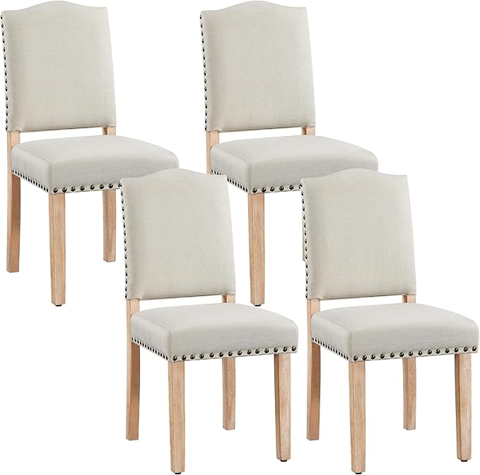 Yaheetech Upholstered Dining Chairs Set of 4 Classic Fabric Kitchen Chairs with Nailhead Trim and Wooden Legs for Dining Room/Living Room/Restaurant/Apartment, Beige