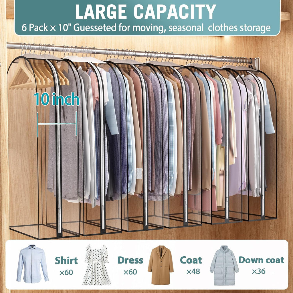 Liuoud Clear Garment Bags for Hanging Clothes10” Gusseted, Suit Bags for Closet Storage, Hanging Plastic Clothes Cover for Coat, Dress, Fur, Shirt, 6 Pack, 40” Long