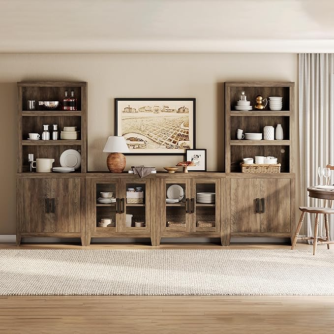 WAMPAT Entertainment Center with Bookshelves, 4-Piece Modular TV Stand with Storage Towers, Farmhouse Media Console with Glass Doors for Living Room, Bedroom, Brown