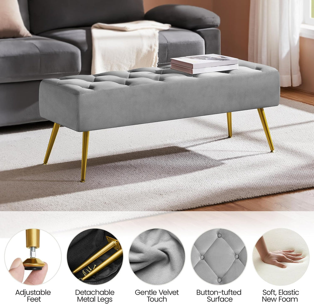 Yaheetech 45in Upholstered Velvet Ottoman Bench Seat with Gold Legs, Gray | T...