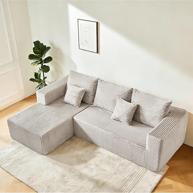 106" Corduroy Boneless Modular Sectional Sofa, Cloud-Louch Deep Seat Sofa with Left Chaise for Living Room & Bedroom（L-Shaped Right-Facing Recliner）