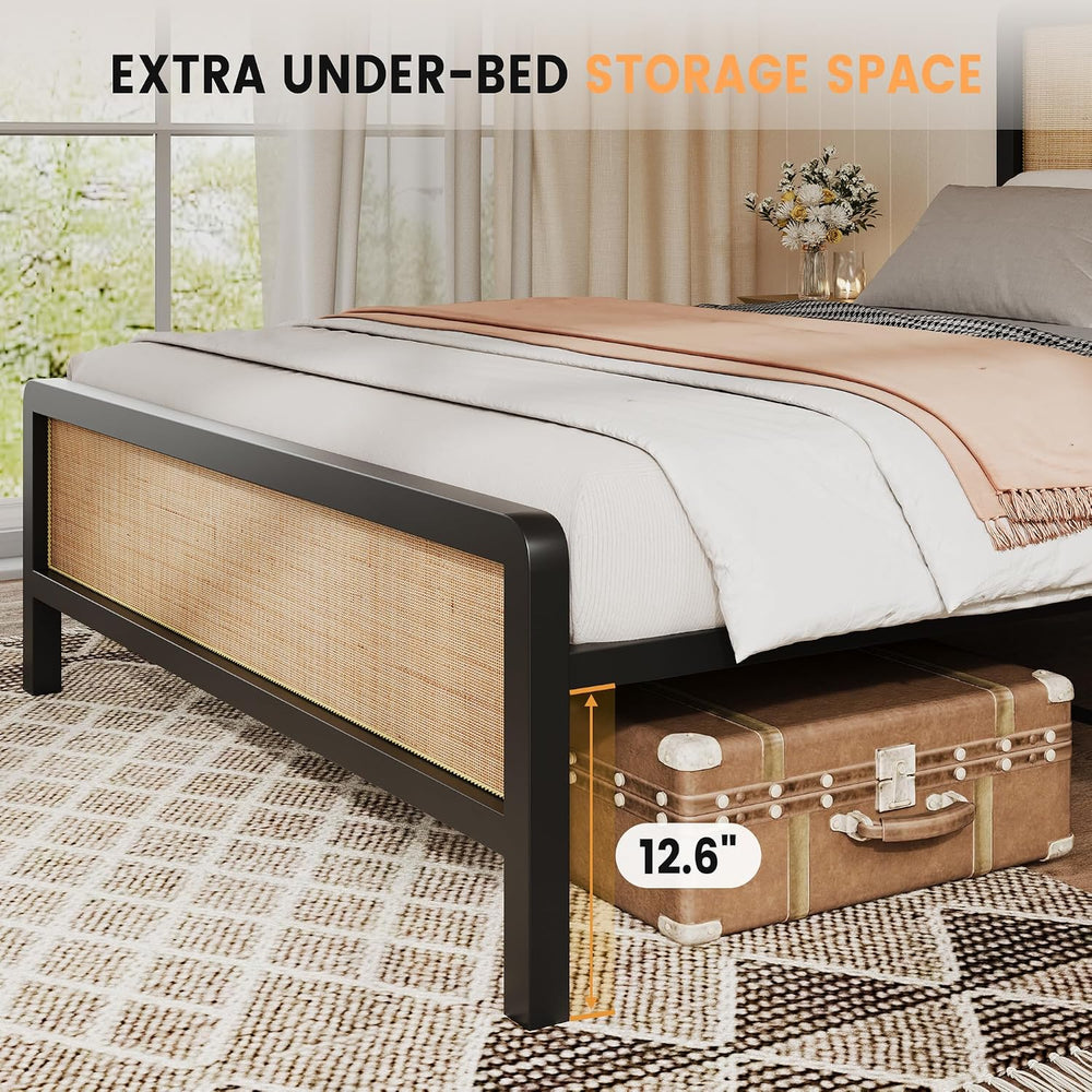 CABIHOME Rattan Queen Size Bed Frame with Natural Cane Headboard, Boho Platfo...