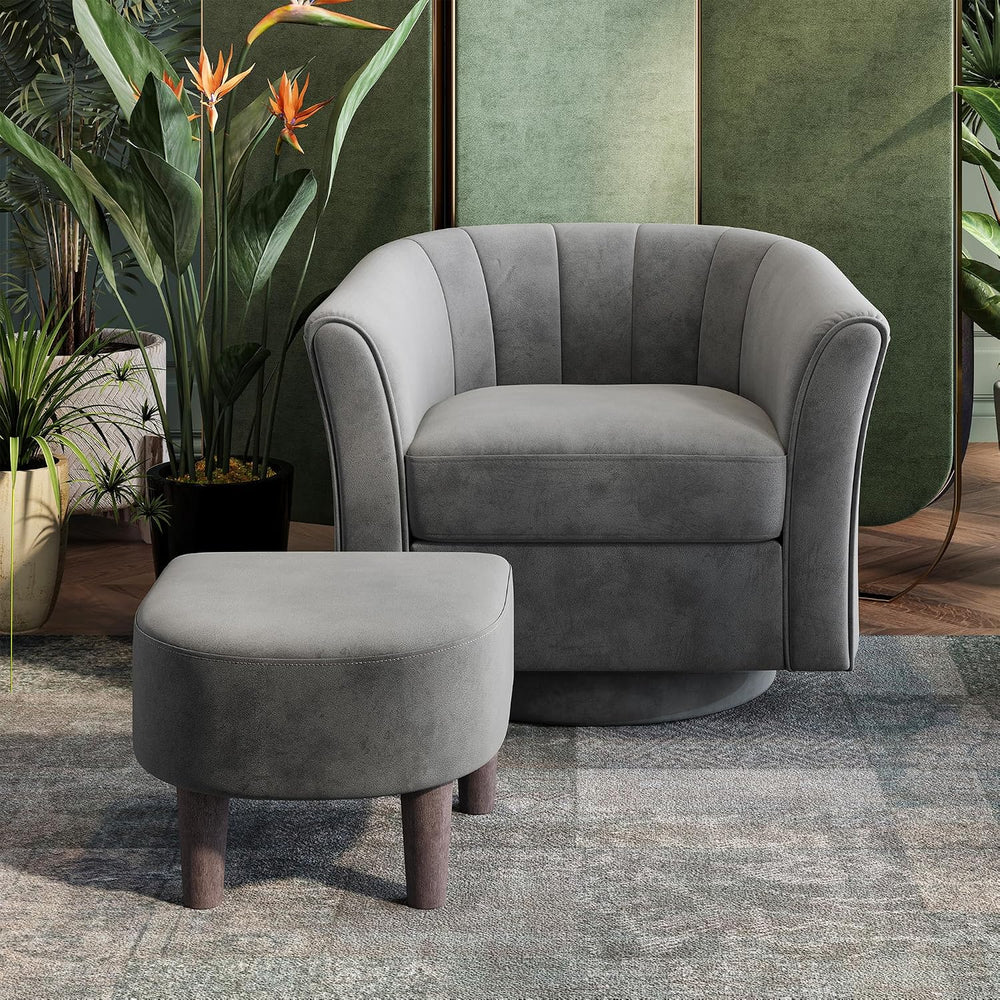 LINSY Large Swivel Accent Chair with Ottoman, Velvet Barrel Chair with Footre...