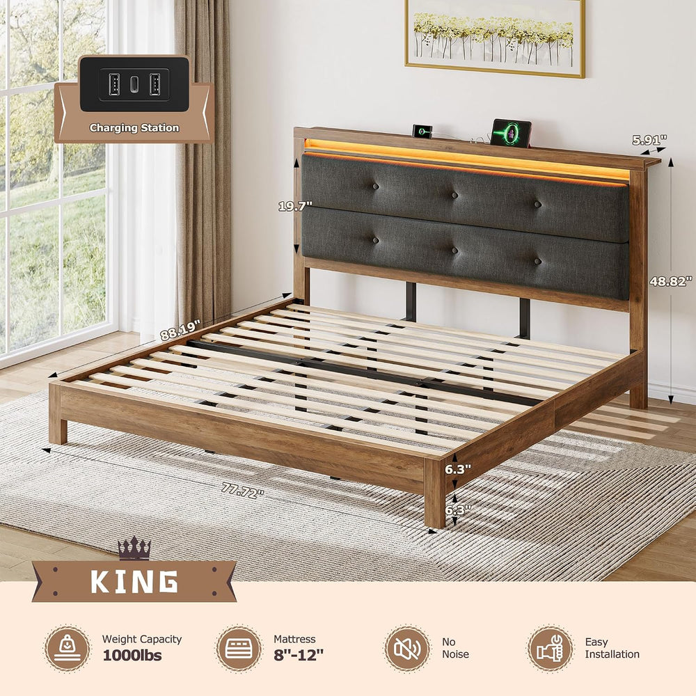 EnHomee King Size Bed Frame with Upholstered Storage Headboard,Grey