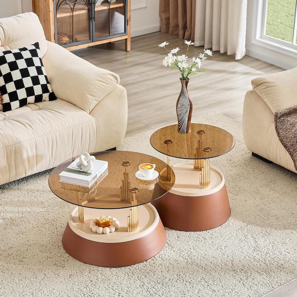 2-Piece Nesting Coffee Table Set, Brown and Gold Metal, Round Side Tables | N...