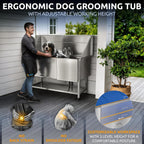 KANIS Professional Dog Washing Station - 304 Stainless Steel Pet Wash Sink & Grooming Bathtub w/Shower, Floor Grates and Storage for Large, Medium & Small Pets (61", Shelf - Right Ramp)