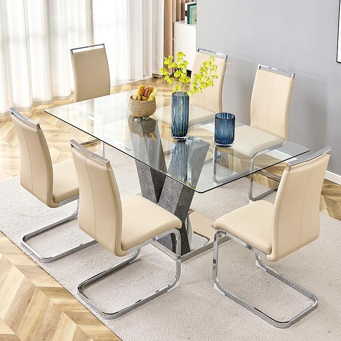 AZmac Modern Leather Dining Chairs Set of 6,Armless Kitchen Chairs,Dining Room Chairs with Upholstered Padded Seat and Sturdy Chrome Legs for Dining Room,Kitchen (Set of 6, Beige)