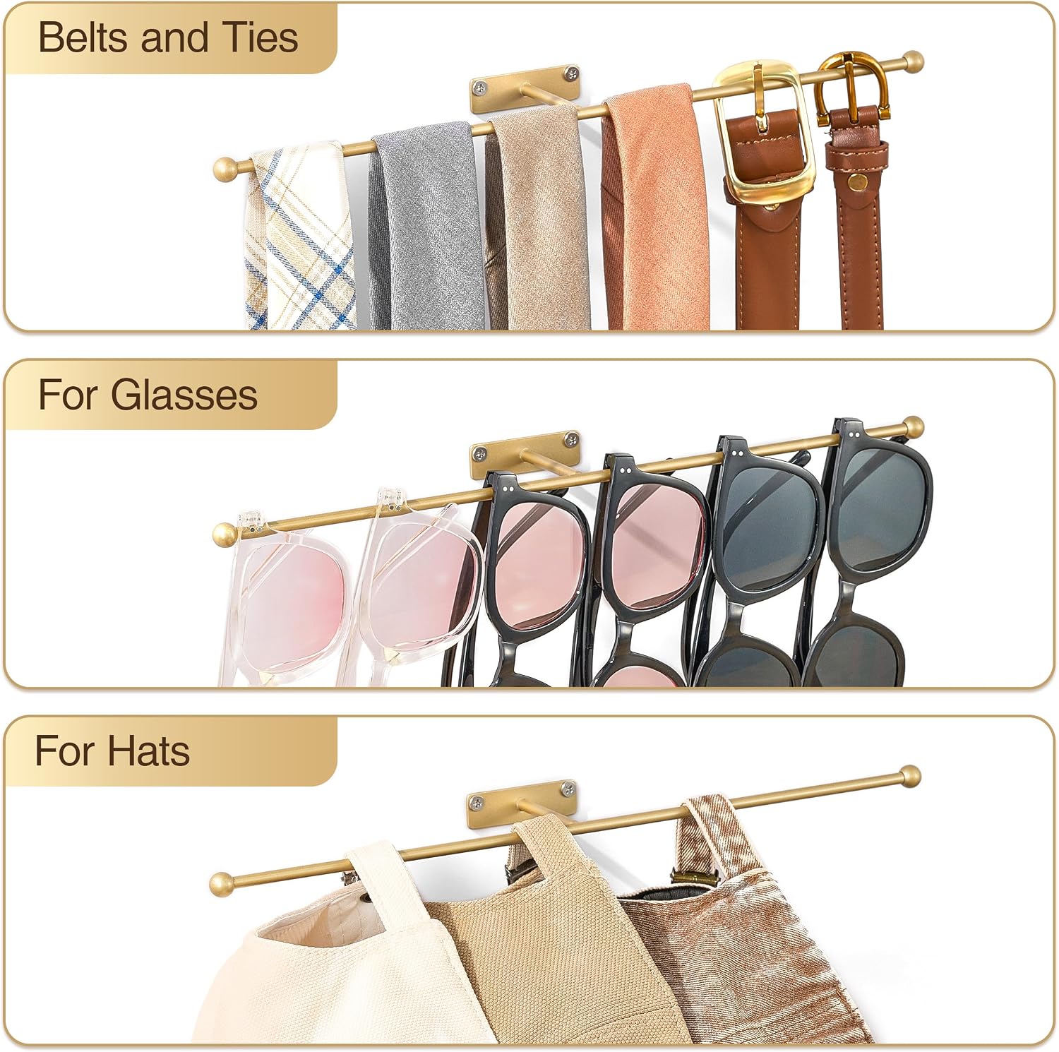 Wall Hanging Jewelry Organizer 12.6", Screws Included, Gold 4-Pack | for Earring, Bracelet, Rings, Hairband, Sunglasses