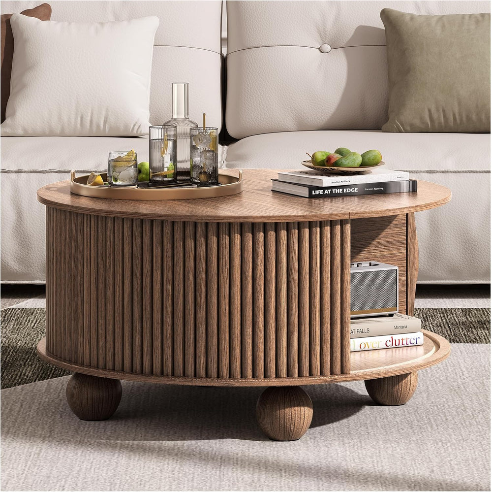 JOINICE 31.5" Round Coffee Table with Storage,Unique Bun Feet,Walnut Finish