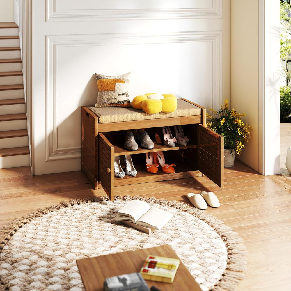 Wilk Shoe Storage Bench, 2-Tier Shoe Cabinet with Padded Seat Cushion, Bamboo...