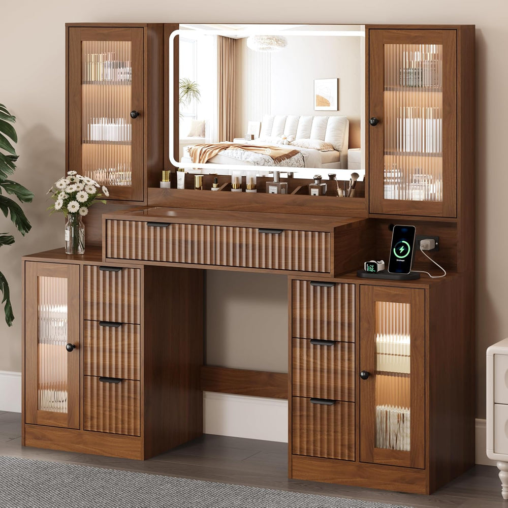 55" Vanity Desk with Mirror & Lights, Fluted Makeup Vanity with 8 Dr...