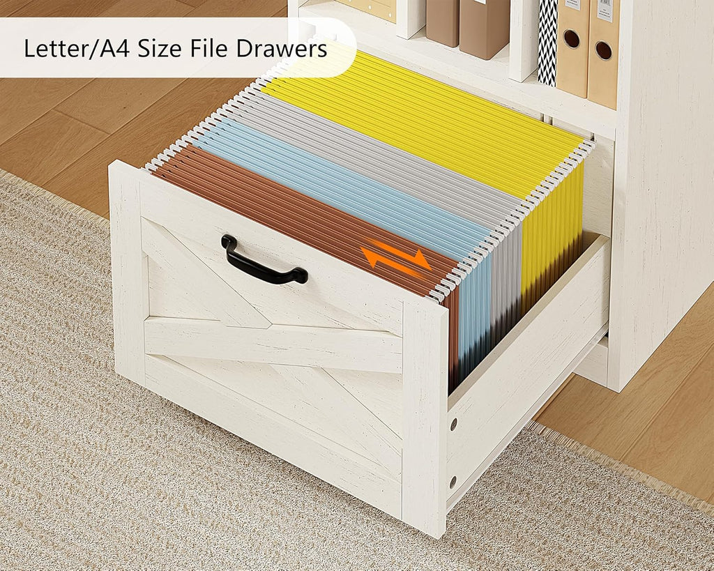 YOMILUVE Farmhouse 63" L Shaped Desk with Drawers and Storage Shelf, Home Office Desk with Power Outlets, Storage Cabinet, Corner Computer Desk with Long Monitor Stand, Brown and White