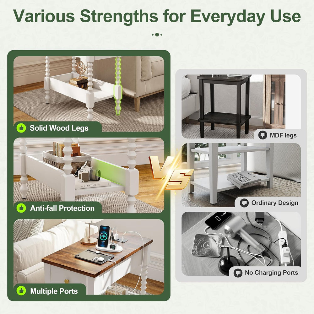 YOSHOOT Farmhouse End Table with Charging Station Set of 2 - Narrow Side Tabl...