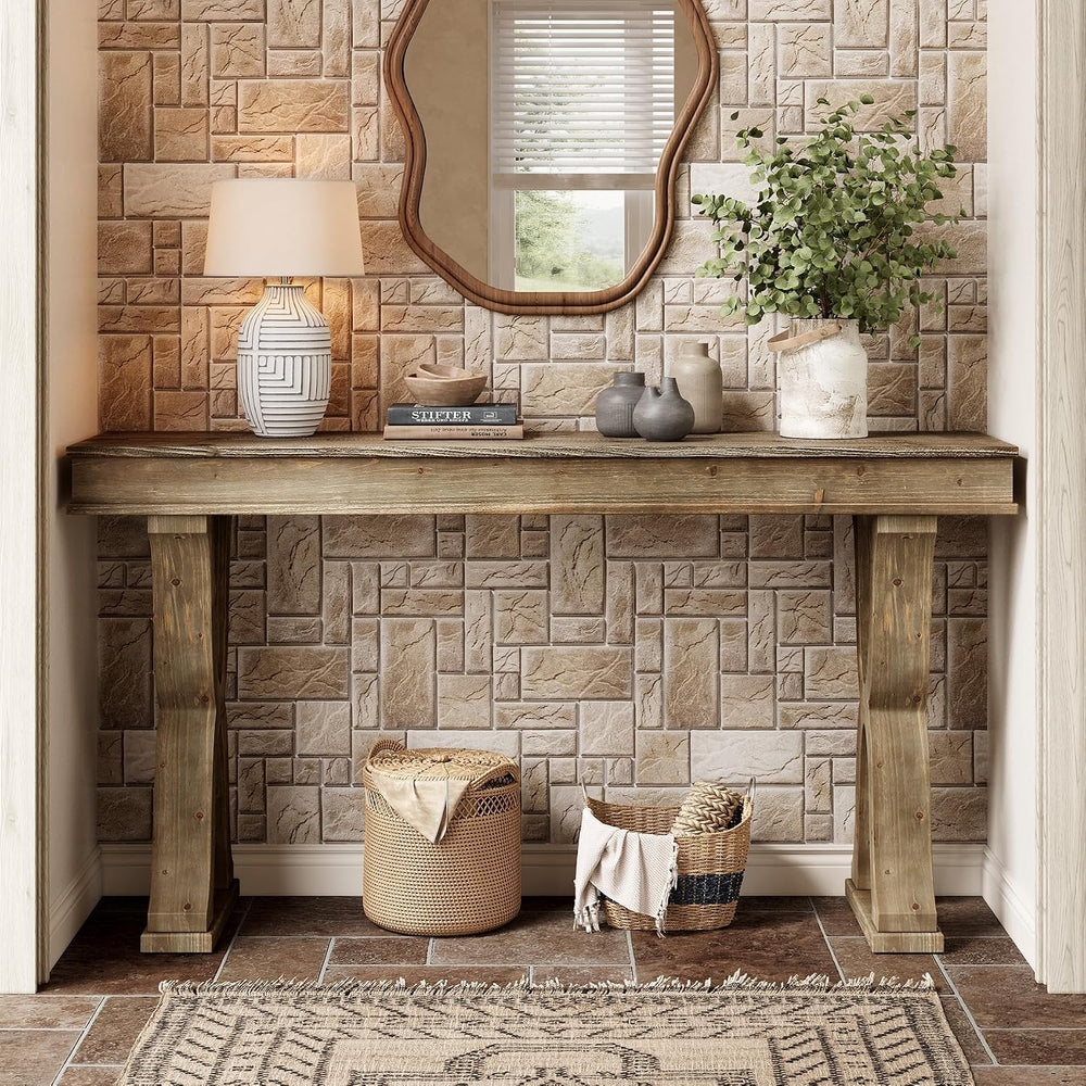 63-Inch Solid Wood Console Table, Farmhouse Narrow Entryway Table with X-Shap...