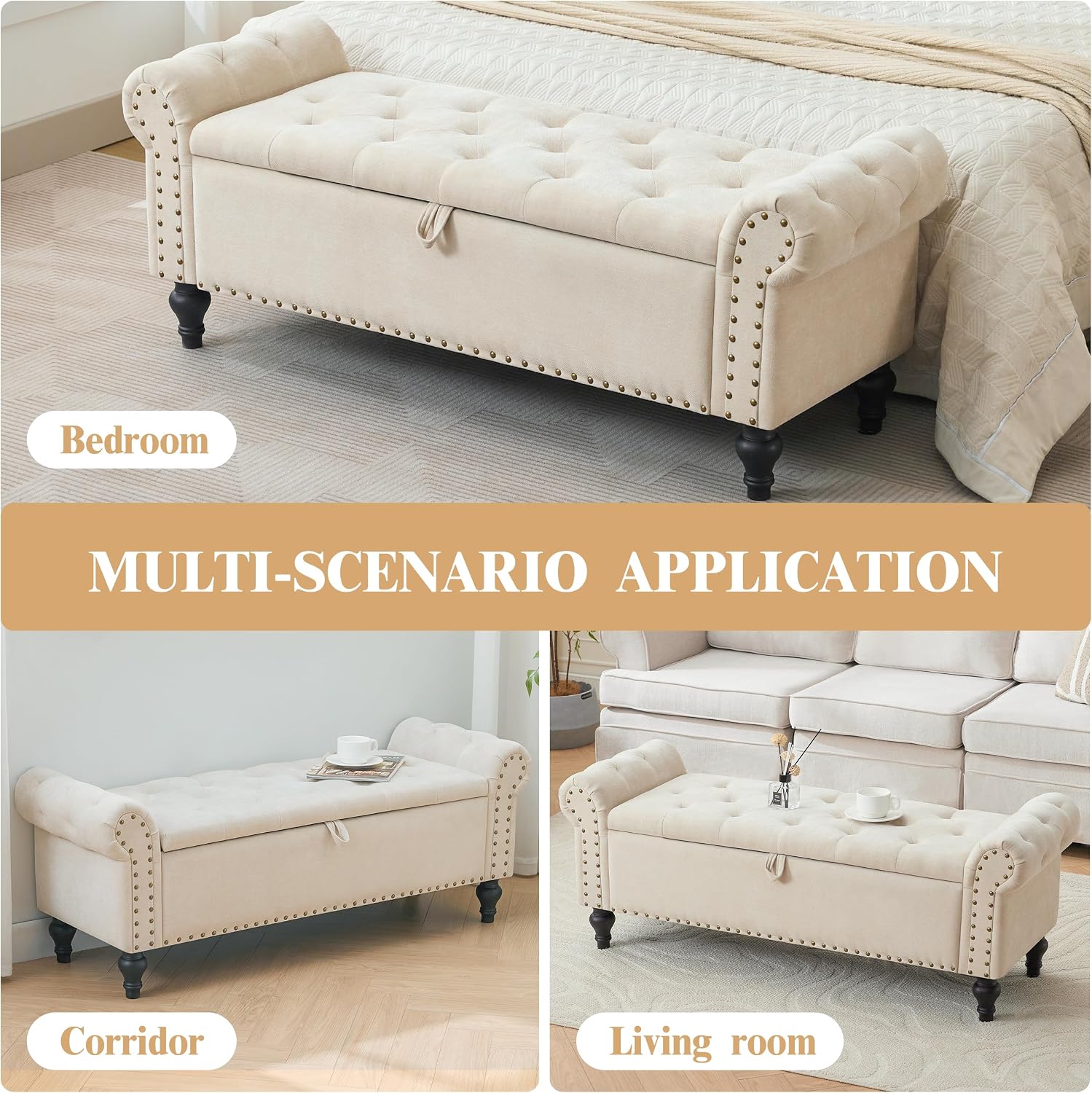 Howjoe 51" Bedroom Storage Bench, End of Bed Bench, Chenille Upholstered Benches, Ottoman with Storage, Window Benches with Rolled Arm and Nailhead Trim for Living Room, Entryway, Beige