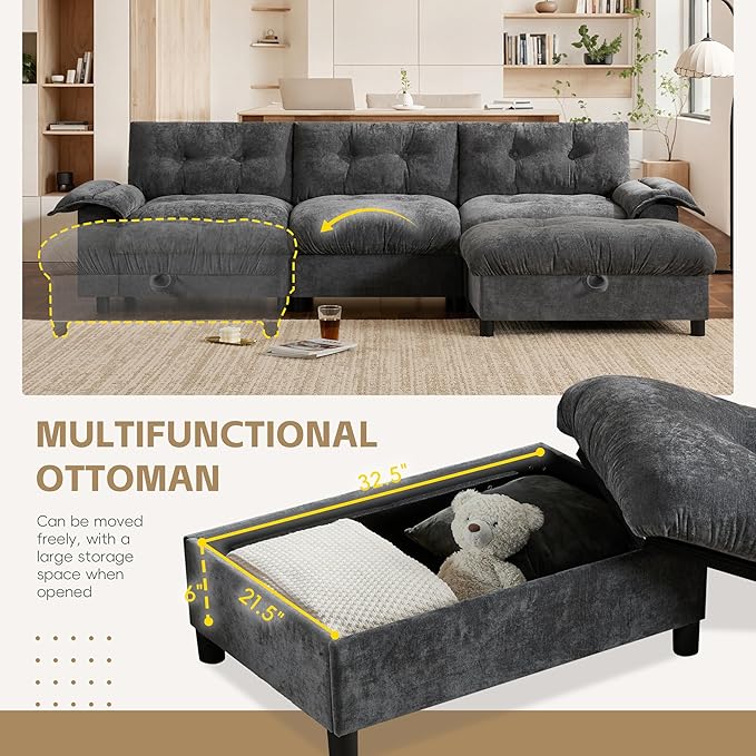 Ball & Cast Modular L Shaped Sectional Sofa W/Movable Storage Ottoman&Dual-Port Charging,4 Seater Chenille Upholstered Couch W/Side Storage Pockets&Cup Holder,for Living Room,Apartment,Dark Gray,104"