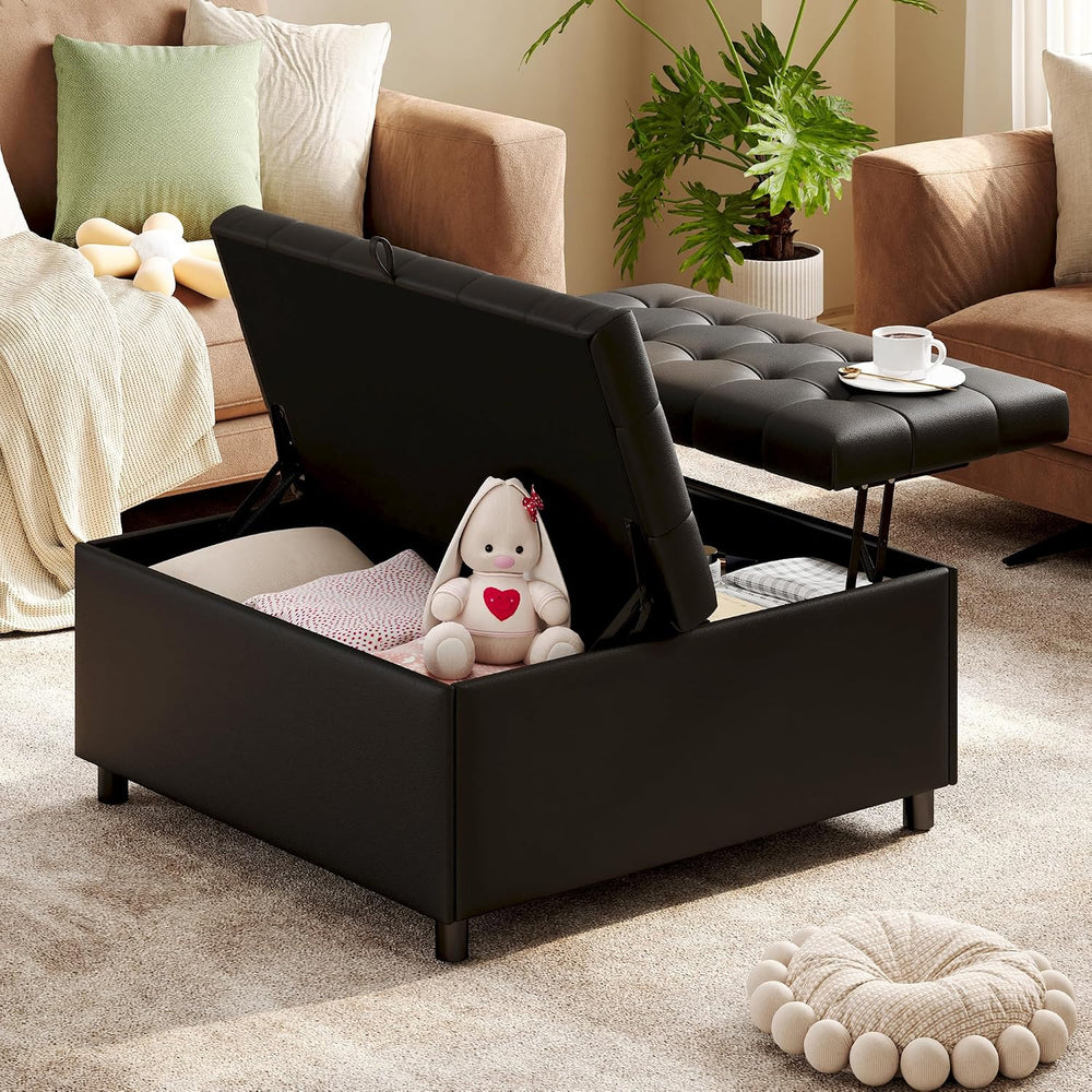 Black Leather 36 Inch Extra Large Lift Top Living Room Storage Ottoman | LINL...
