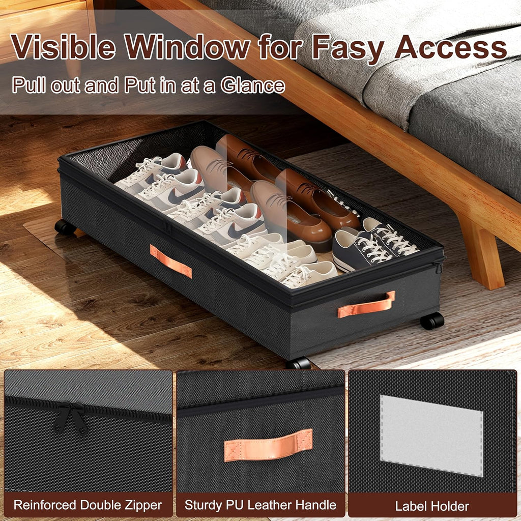 XXL Under Bed Storage with Wheels, 2 Pack 70L Extra Large Rolling Organizer, Heavy-Duty Foldable Storage Container with Lids, Fits 10" Clearance, Black