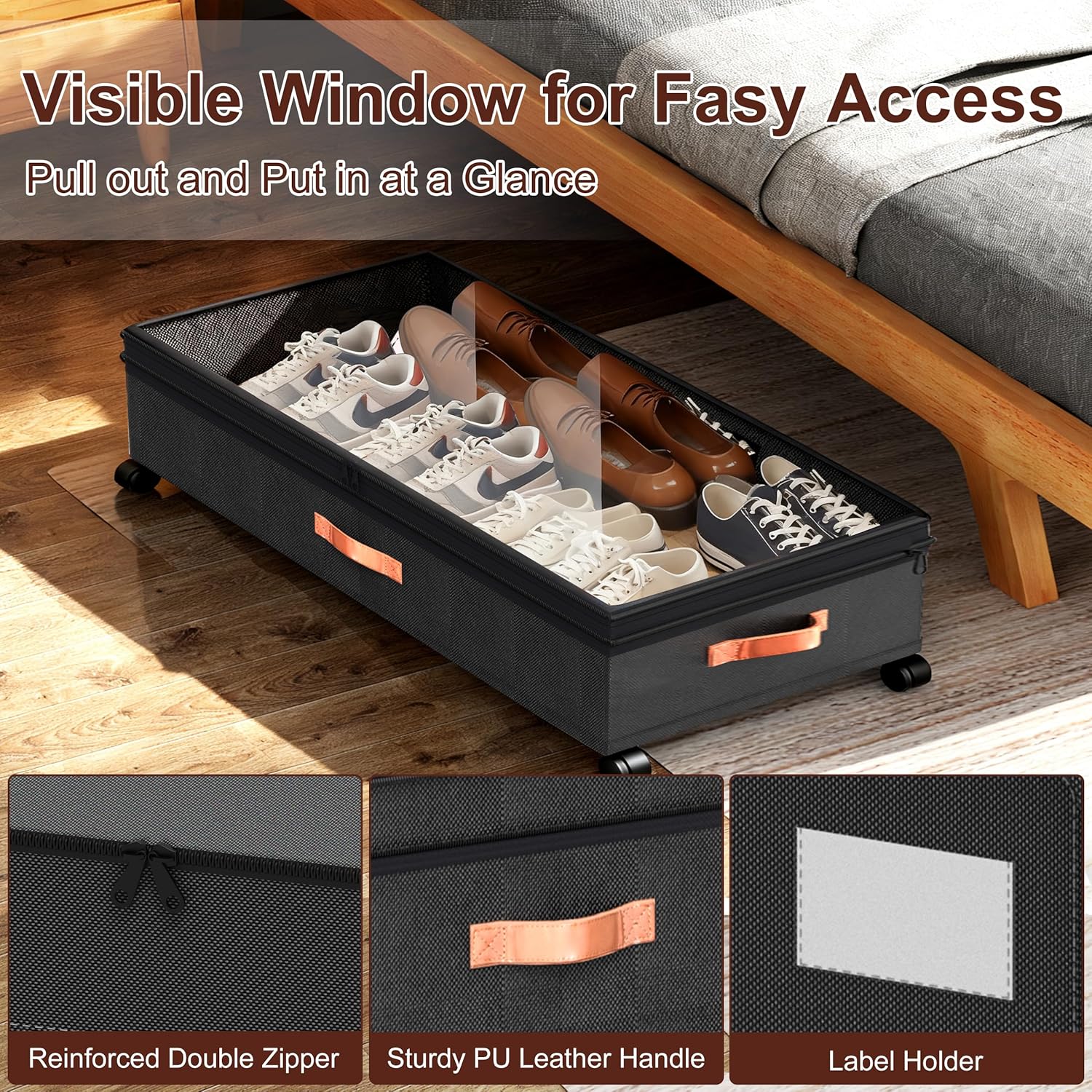 XXL Under Bed Storage with Wheels, 2 Pack 70L Extra Large Rolling Organizer, Heavy-Duty Foldable Storage Container with Lids, Fits 10" Clearance, Black