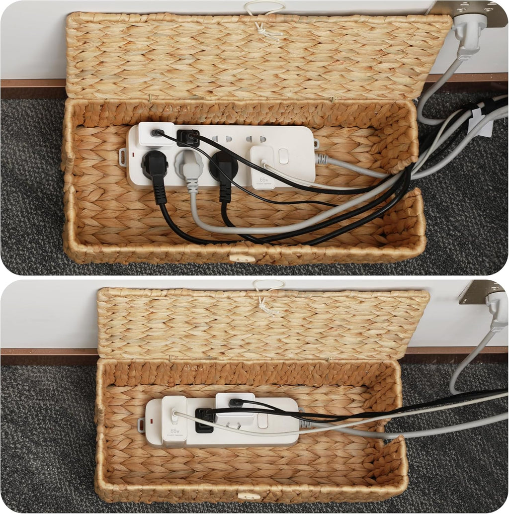 Posprica Cable Management Box with Lid, 2Pack Handwoven Real Water Hyacinth Cord Hider Organizer Boxes, 2 Side Open Slots Storage Box to Hide Cords Power Strip for Desk, Floor, Office