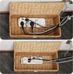 Posprica Cable Management Box with Lid, 2Pack Handwoven Real Water Hyacinth Cord Hider Organizer Boxes, 2 Side Open Slots Storage Box to Hide Cords Power Strip for Desk, Floor, Office