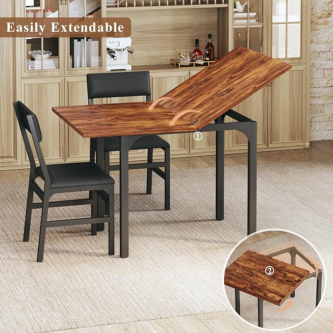 Dining Table Set for 4, Extendable Kitchen Table Cushion Chairs Set of 4, Rectangle Dining Table with Metal Frame & MDF Board, Folding for Small Apartment Saving Space, Rustic Brown