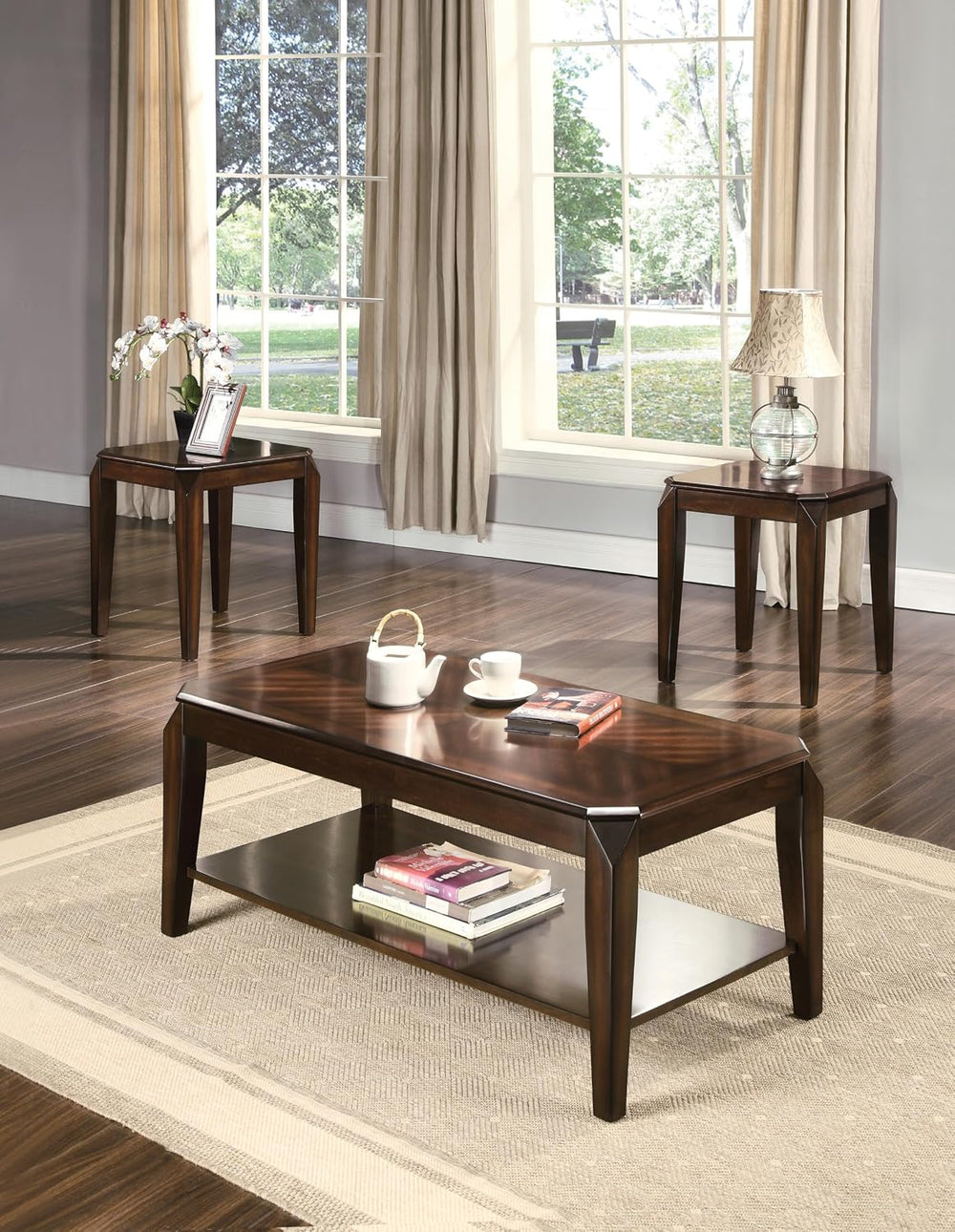 Polay 3-Piece Coffee and End Table Set with Parquet Design | Rich walnut fini...