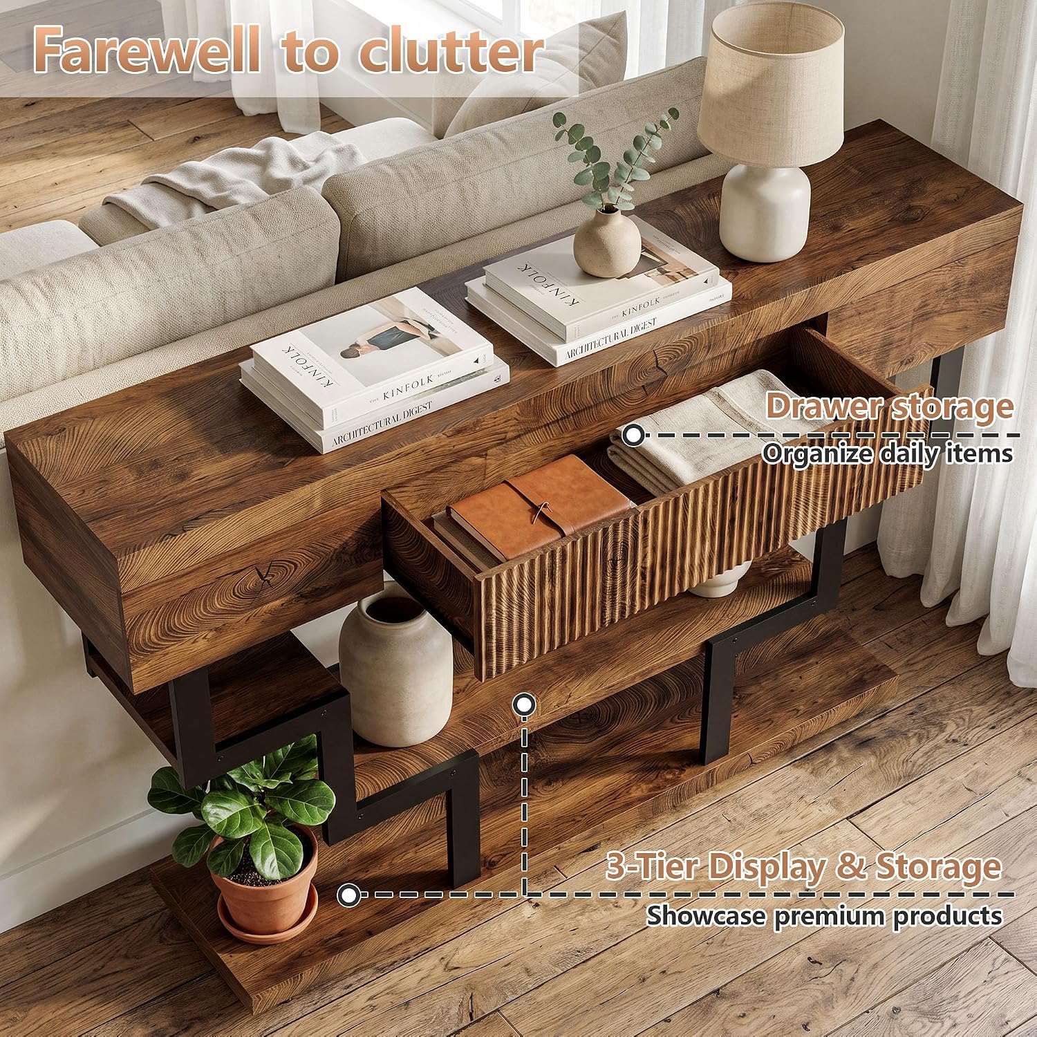 47.3" Console Table with Fluted Drawers, 3-Tier Modern Entryway Table with Geometric Black Metal Frame, Luxury Sofa Table for Living Room, Hallway, Foyer（Walnut Oak