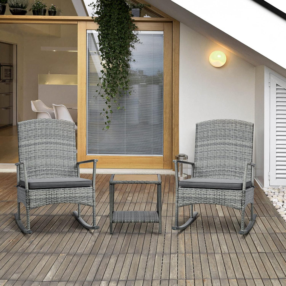 Outsunny 3 Piece Patio Rocking Chair Set, 2 PE Wicker Rocking Chairs, Cushion...