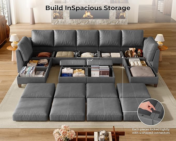 SITJOY 145" Faux Leather Modular Sectional Sofa with Storage, Mid Century Modern Sectional Couches for Living Room, Soft Padded Armrests, 11 Seat U Shaped Sofa Set with Chaise, Gray