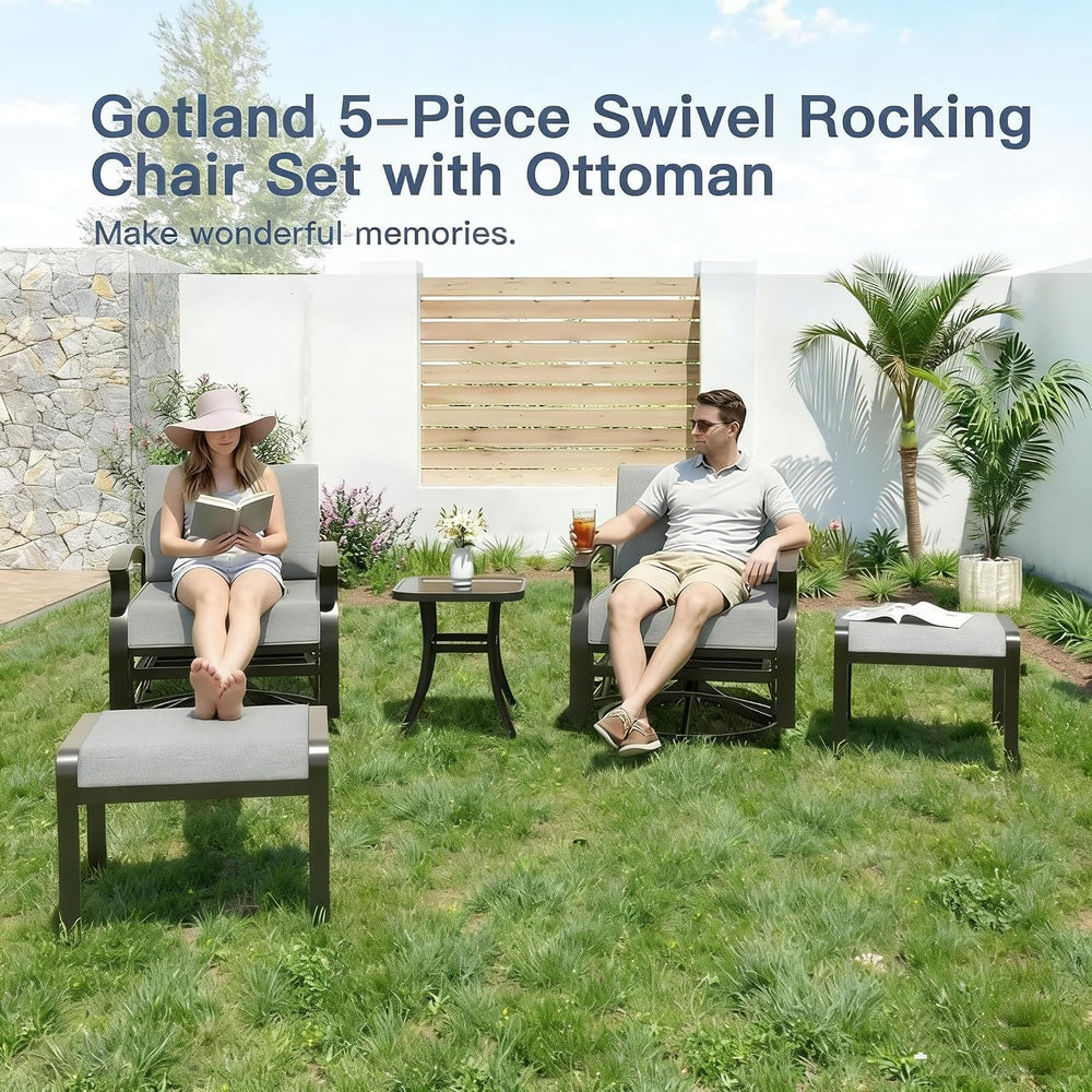 Gotland 5 Piece Patio Set, Aluminum Outdoor Swivel Chairs Set of 2 with 2 Ott...