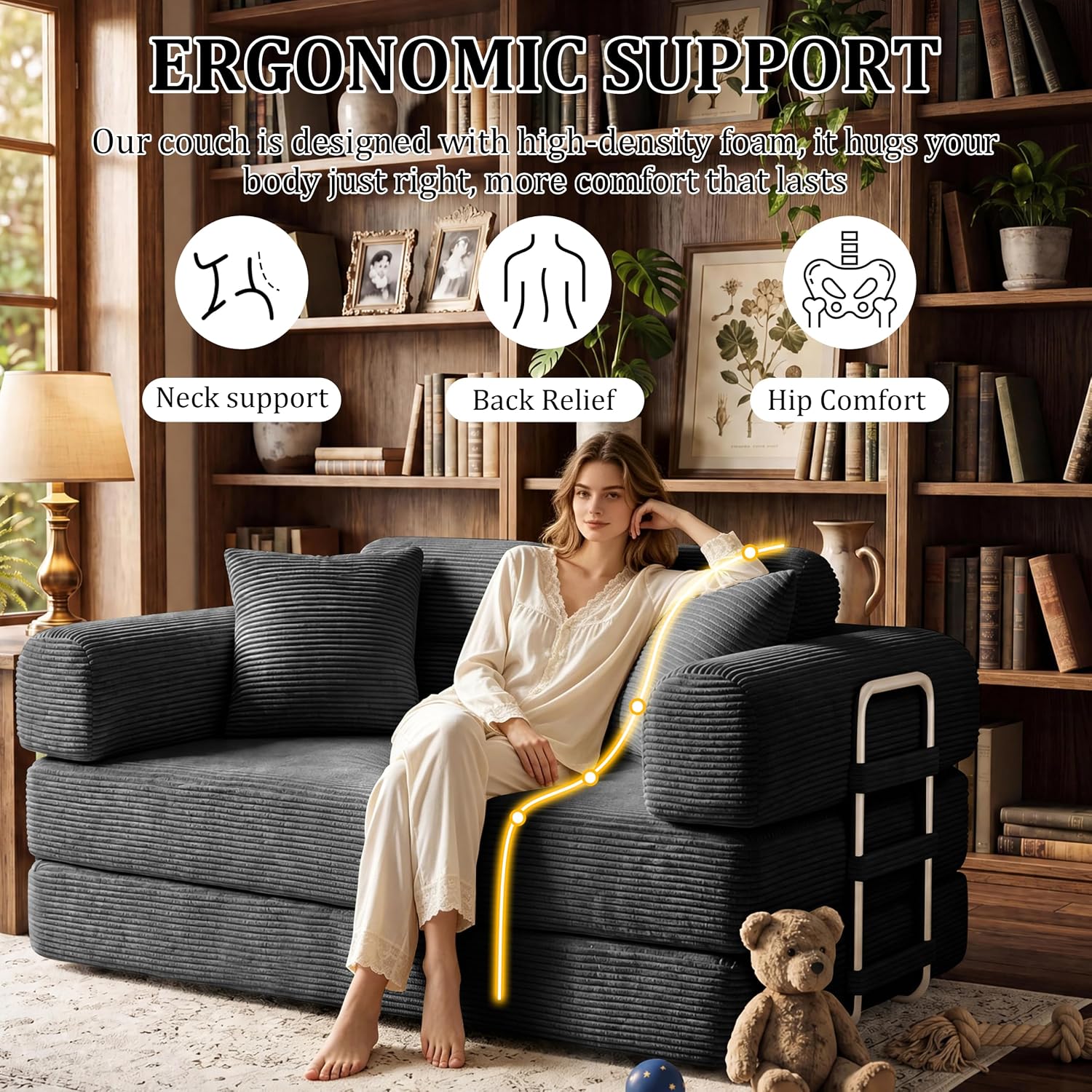 Convertible Sofa Bed with High Backrest Headrest Boneless Loveseat Sleeper Folding Couch Bed with 4 Pillows Futon Couch for Bedroom,Apartment Living Room, No Assembly (Pink, 59.0” Hight Backrest Sofa)