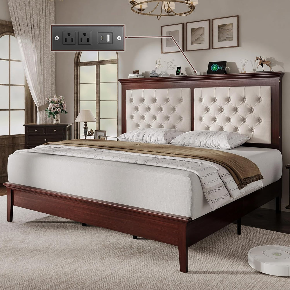 Lifezone Solid Wood King Bed Frame 46” Tall Diamond-Tufted Upholstered Headbo...