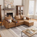 SITJOY 105" Faux Leather Modular Sectional Sofa with Storage, Mid Century Modern Sectional Couches for Living Room, 4 Seat L Shaped Couch with Ottoman and Console Table, Hidden Cupholders, Brown