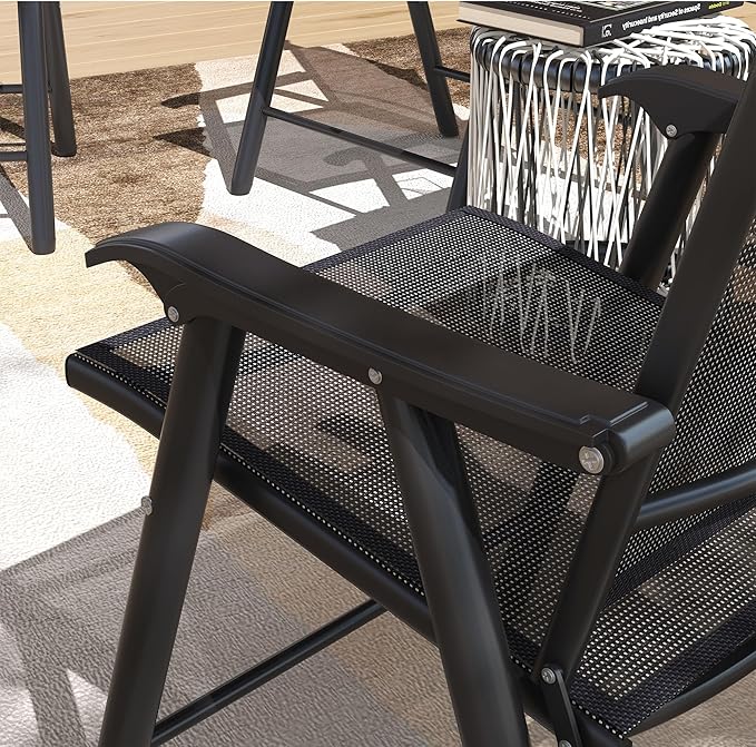 Outsunny Set of 4 Patio Folding Chairs, Stackable Outdoor Sling Patio Dining Chairs with Armrests for Lawn, Camping, Dining, Beach, Metal Frame, No Assembly, Black