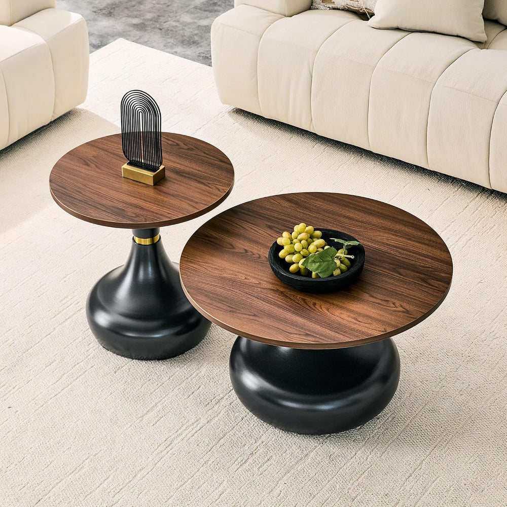 2-Piece Nesting Coffee Table Set, Walnut Wood Grain, Gold Metal Base | Nestin...