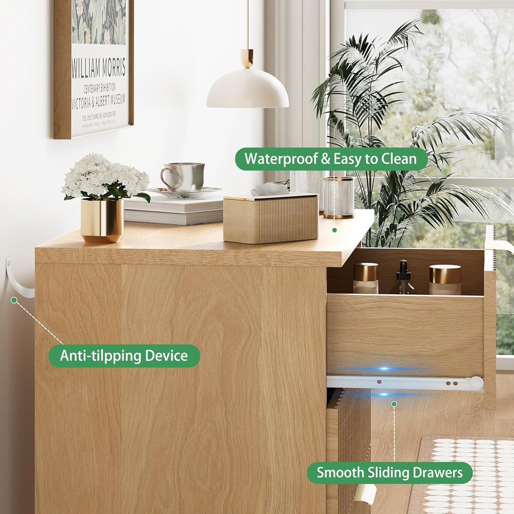 Fluted Nightstand, 31.5" Wide Side Table with 4 Large Storage Drawers, Mid Century Modern Wood Night Stand with Metal Handle, Wooden Bedside End Table for Bedroom, Living Room, Closet, Natural Oak