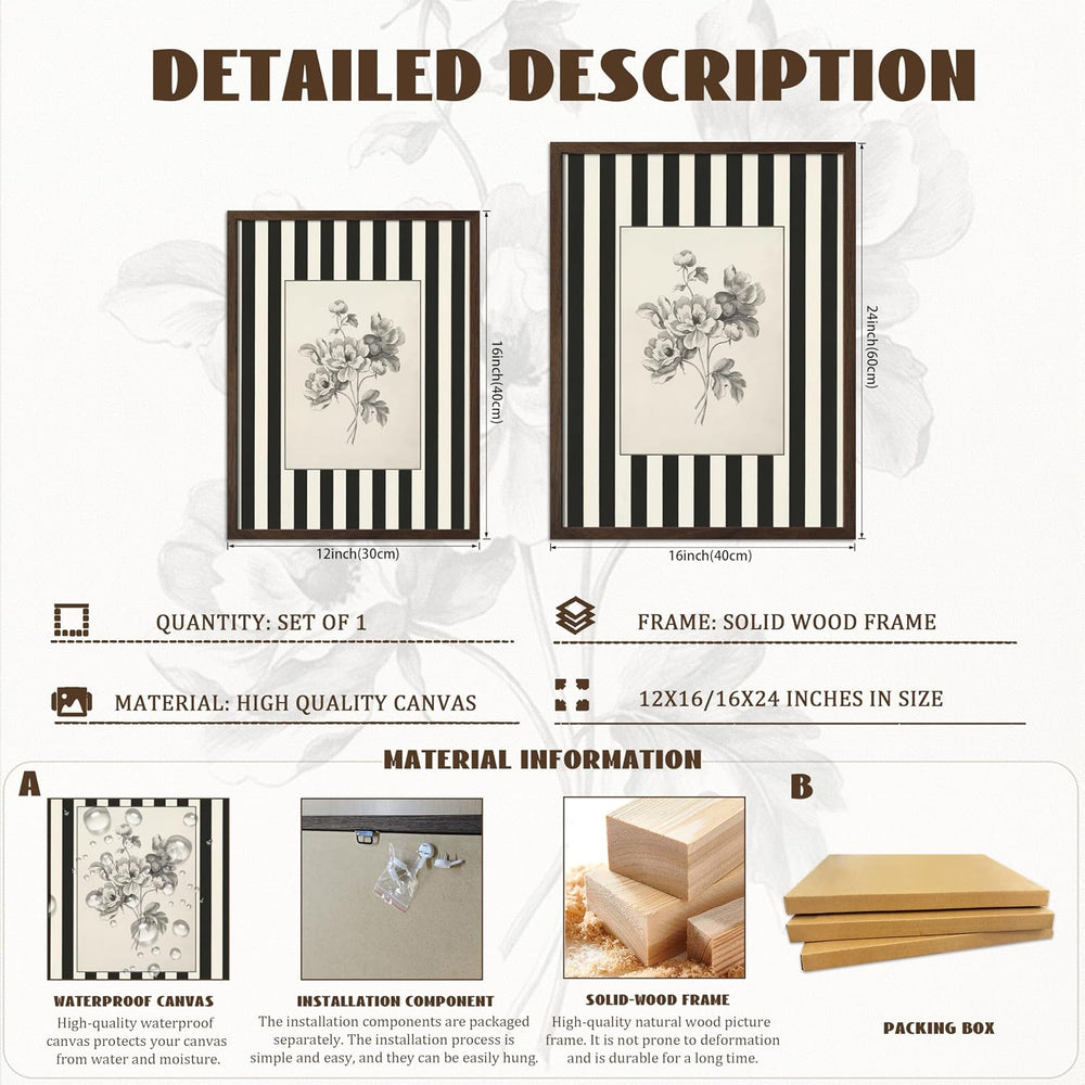 Framed Black and White Striped Wall Art Vintage Flower Pictures 16x24 In