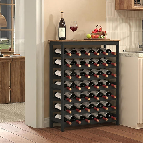 42 Bottles Bamboo Wine Rack Freestanding Floor, 7-Tier Wine Storage Shelf with Table Top, Wine Display Holder for Kitchen Pantry Bar Cellar, Rustic Brown and Black