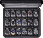 ROTHWELL 18-Slot Watch Case – Luxury Watch Box for Men, Real Glass Top, Lockable, Elegant Display for Collections (Black/Grey)