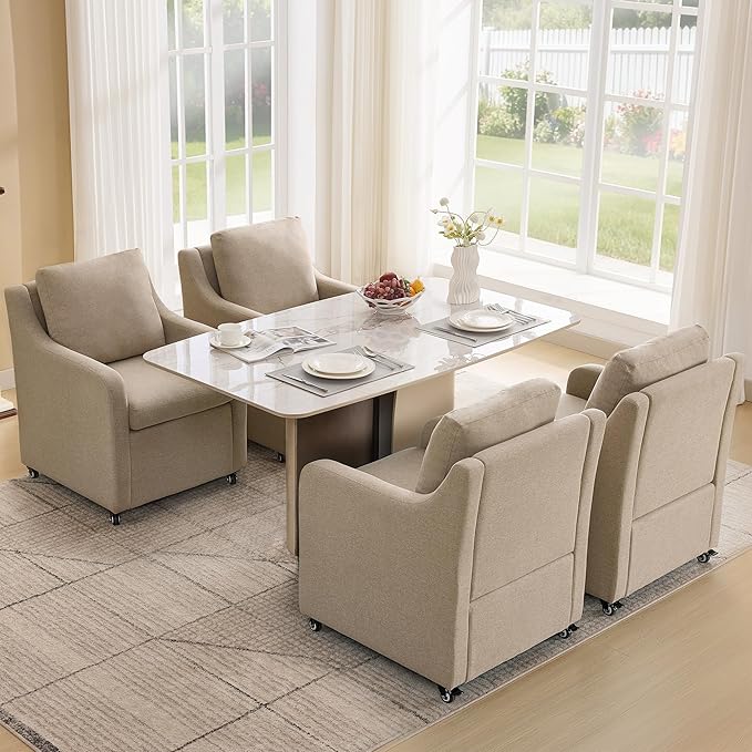Rolling Dining Chairs with Wheels Set of 4, Upholstered Modern Armchairs with Casters for Kitchen,Dining Room (4, Fabric Camel)