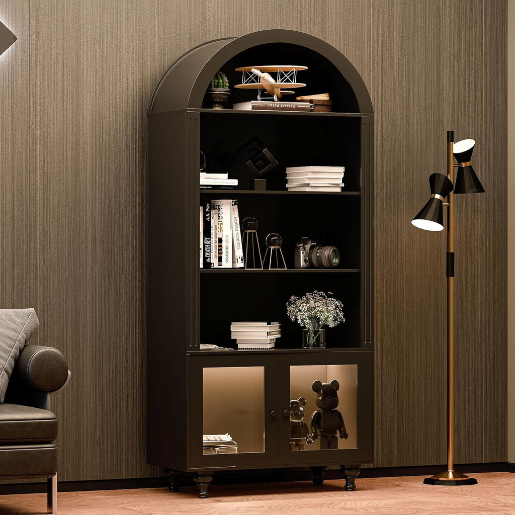 Wooden Arched Display Storage Cabinet with Glass Door, LED Lights,Showcase for Collections, Perfume, Vinyl Albums, Bookcase for Home Office, Living Room, Clinic, Pantry (Black-Arched top)